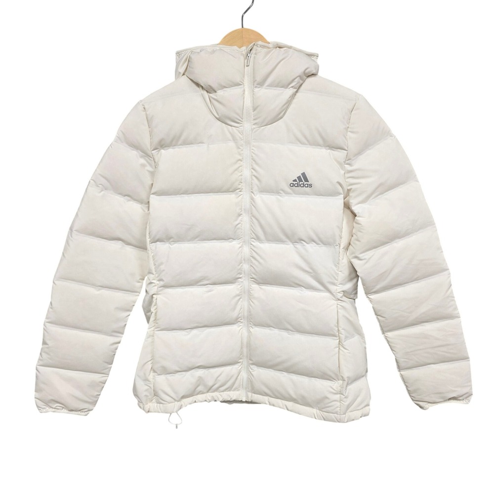 Adidas Puffer Jacket Womens L Cream White Hooded Full Zip Quilted Winter Coat